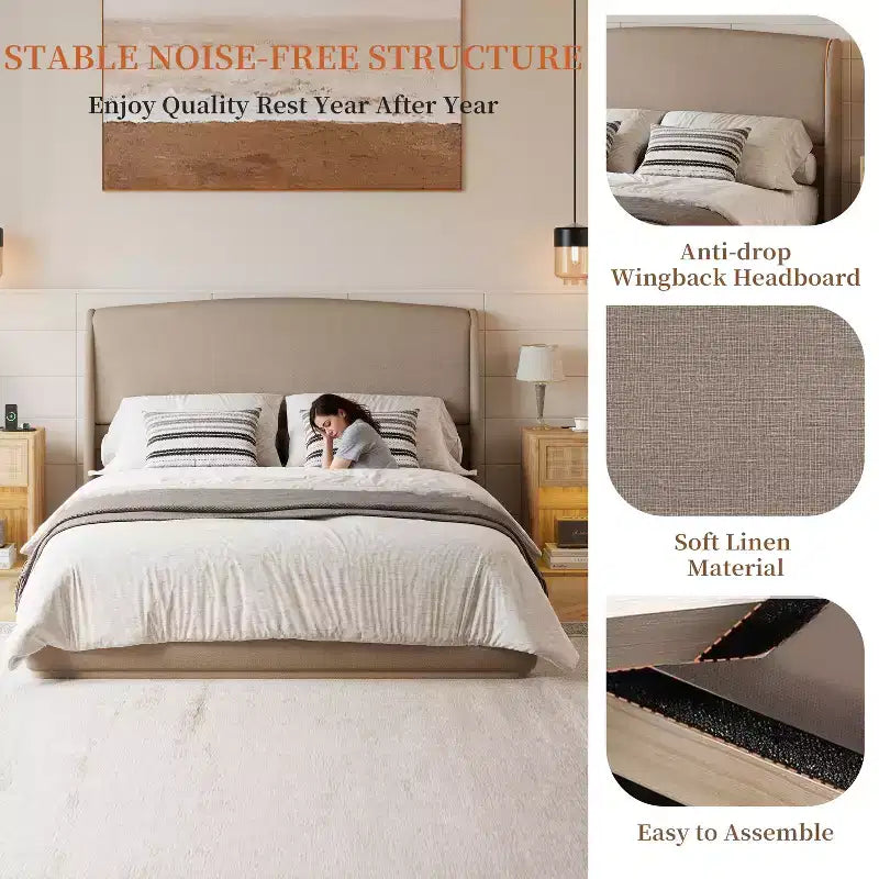 Letto a piattaforma Queen imbottito con testiera ad ali imbottita, letto a basso profilo - ModernLuxe