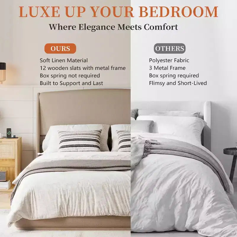 Letto a piattaforma Queen imbottito con testiera ad ali imbottita, letto a basso profilo - ModernLuxe