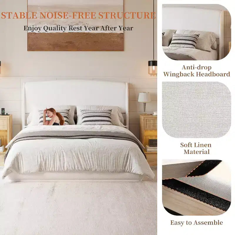 Letto a piattaforma Queen imbottito con testiera ad ali imbottita, letto a basso profilo - ModernLuxe