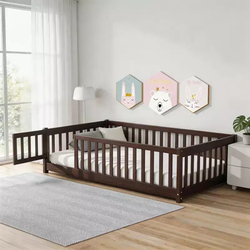 Sailvan Twin Floor Bed with Fence and Door,Solid Wood Kids Bed Frame for Toddlers
