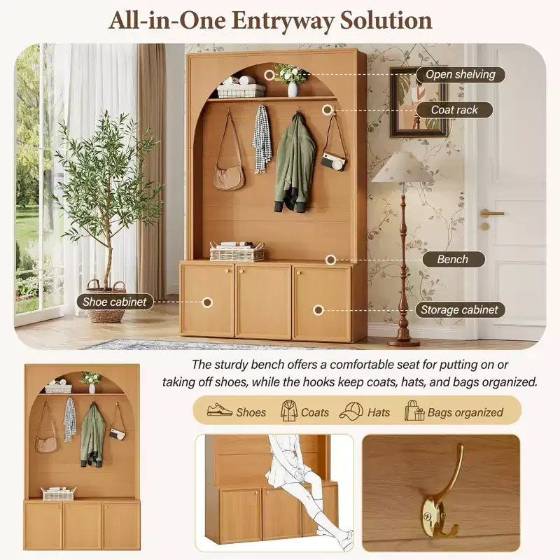 Appendiabiti da ingresso All-in-1 con scarpiera e panchina, organizer con ganci e ripiani regolabili - ModernLuxe
