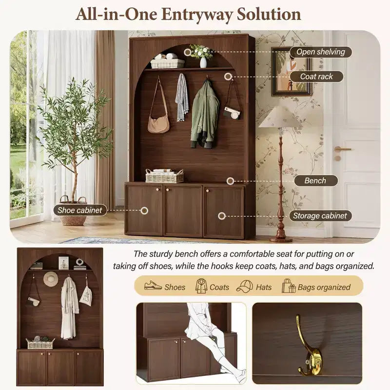 Appendiabiti da ingresso All-in-1 con scarpiera e panchina, organizer con ganci e ripiani regolabili - ModernLuxe