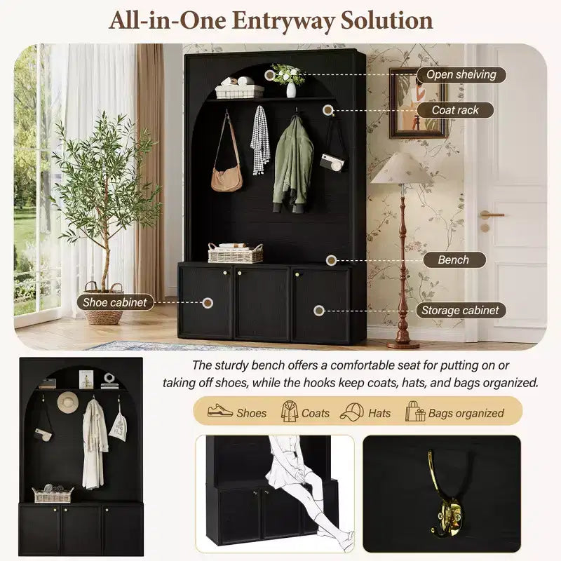 Appendiabiti da ingresso All-in-1 con scarpiera e panchina, organizer con ganci e ripiani regolabili - ModernLuxe