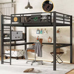 ModernLuxe Twin XL/Full Size Metal Loft Bed with Desk, Charging Port, Storage Basket & Clock, Black