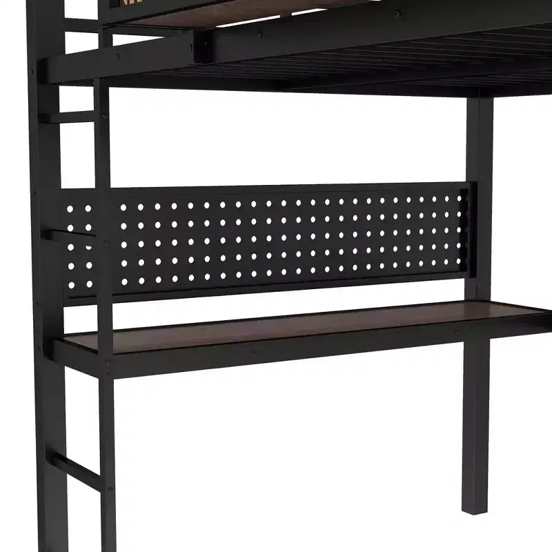 Letto a soppalco in metallo Twin XL/Full Size con scrivania, porta di ricarica, cesto portaoggetti e orologio, nero