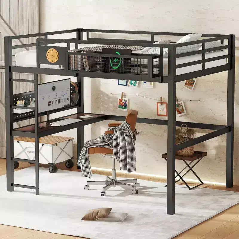 Letto a soppalco in metallo Twin XL/Full Size con scrivania, porta di ricarica, cesto portaoggetti e orologio, nero