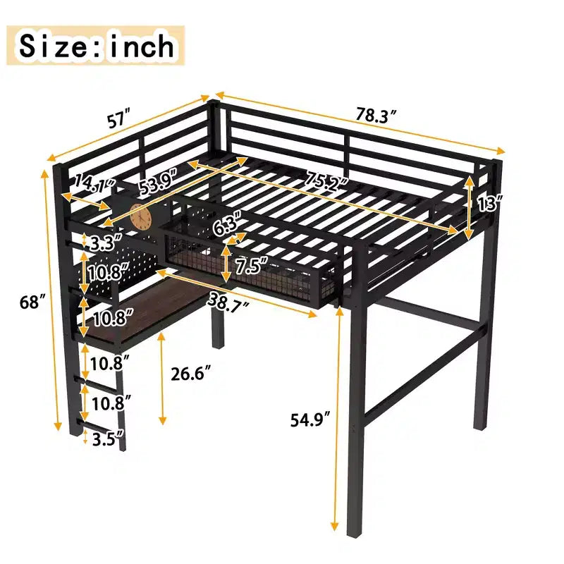 Letto a soppalco in metallo Twin XL/Full Size con scrivania, porta di ricarica, cesto portaoggetti e orologio, nero