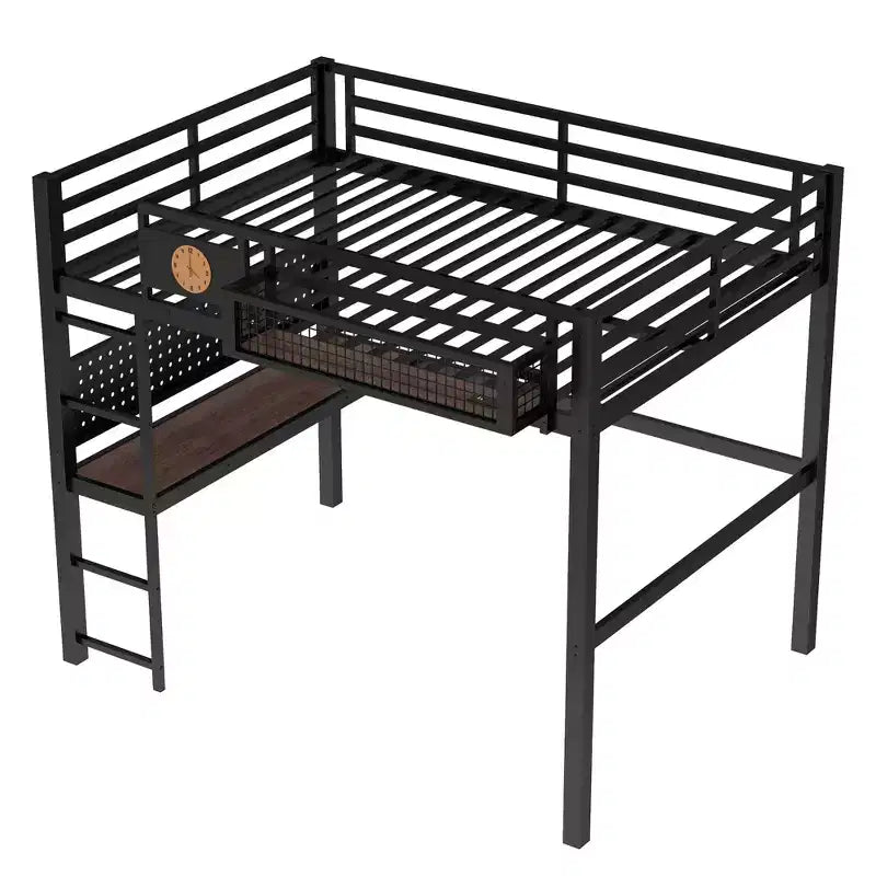 Letto a soppalco in metallo Twin XL/Full Size con scrivania, porta di ricarica, cesto portaoggetti e orologio, nero