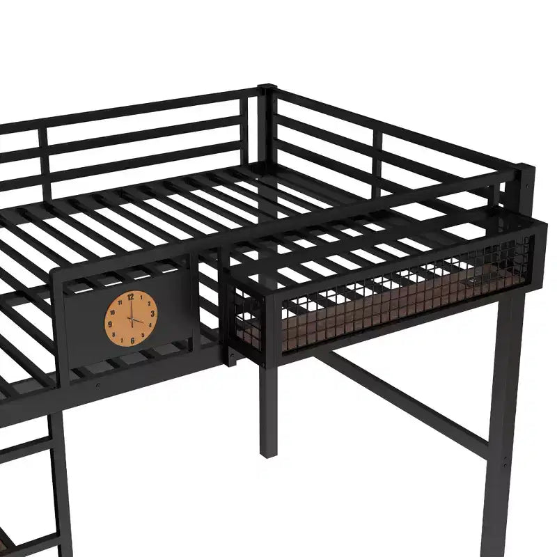 Letto a soppalco in metallo Twin XL/Full Size con scrivania, porta di ricarica, cesto portaoggetti e orologio, nero