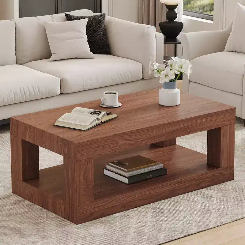 Modern Rectangular 2-Tier MDF Coffee Table, Open Storage Shelf Stable Durable Table for Living Room Furniture