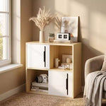 JVNOXK Mobile contenitore in legno a 2 ripiani con ante scorrevoli, organizer bianco e legno naturale per soggiorno, camera da letto e cameretta dei bambini
