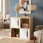 JVNOXK Mobile contenitore in legno a 2 ripiani con ante scorrevoli, organizer bianco e legno naturale per soggiorno, camera da letto e cameretta dei bambini
