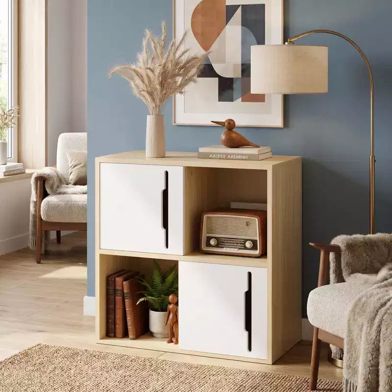 JVNOXK Mobile contenitore in legno a 2 ripiani con ante scorrevoli, organizer bianco e legno naturale per soggiorno, camera da letto e cameretta dei bambini