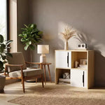 JVNOXK Mobile contenitore in legno a 2 ripiani con ante scorrevoli, organizer bianco e legno naturale per soggiorno, camera da letto e cameretta dei bambini