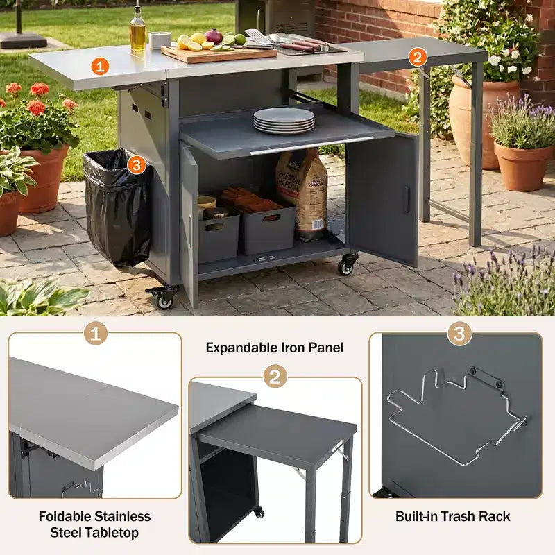 Carrello da cucina pieghevole per esterni Louisa con piano in acciaio inossidabile
