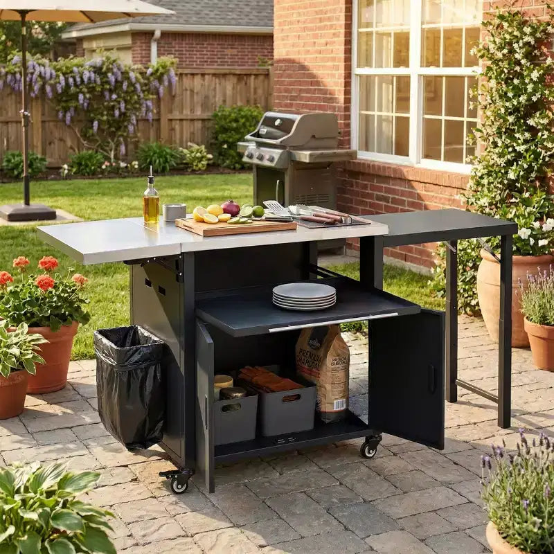 Carrello da cucina pieghevole per esterni Louisa con piano in acciaio inossidabile