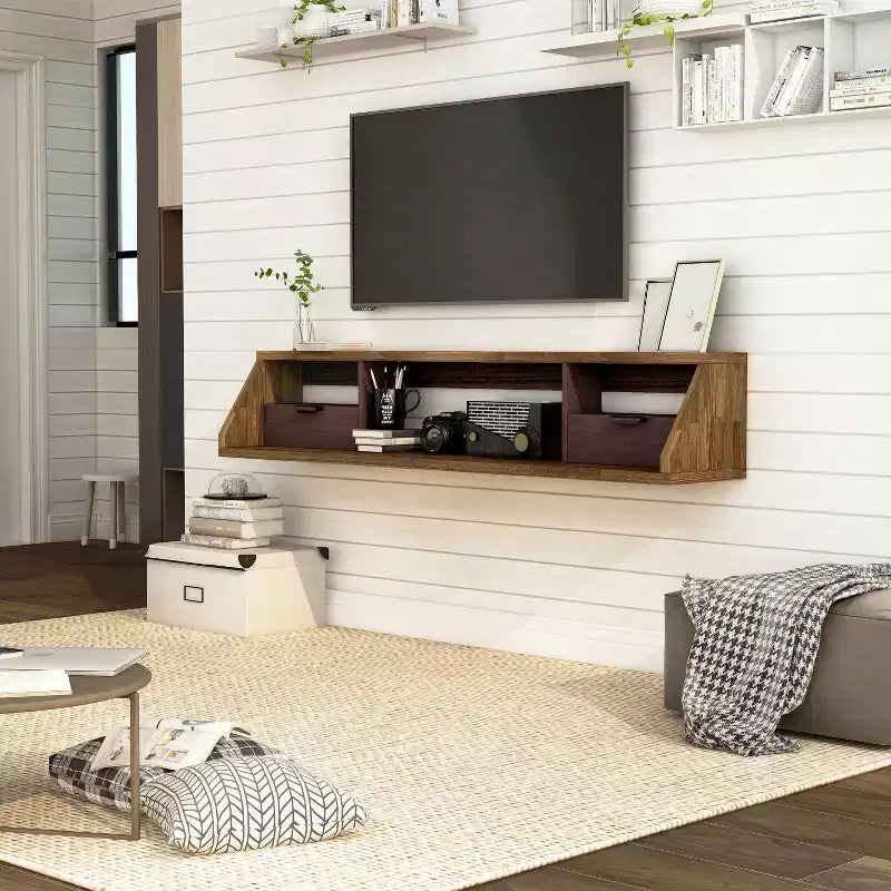 Mobile TV sospeso Fannister per TV fino a 70" Noce americano chiaro - Centro di intrattenimento moderno a parete