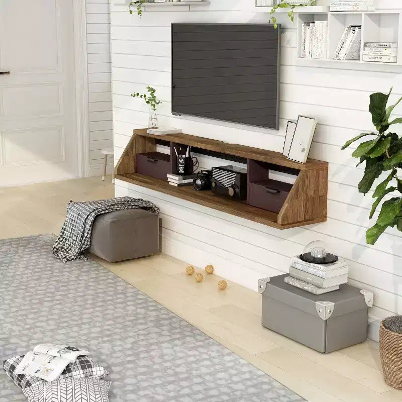Mobile TV sospeso Fannister per TV fino a 70" Noce americano chiaro - Centro di intrattenimento moderno a parete