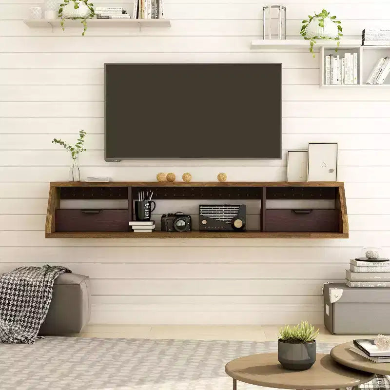 Mobile TV sospeso Fannister per TV fino a 70" Noce americano chiaro - Centro di intrattenimento moderno a parete