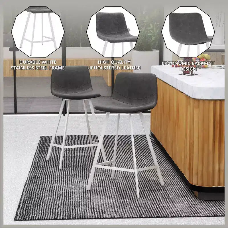 Sgabello da bar LeisureMod Elland 35 in pelle imbottita con base bianca in acciaio inossidabile - Sgabello moderno ad altezza bancone per cucina, bar e pub