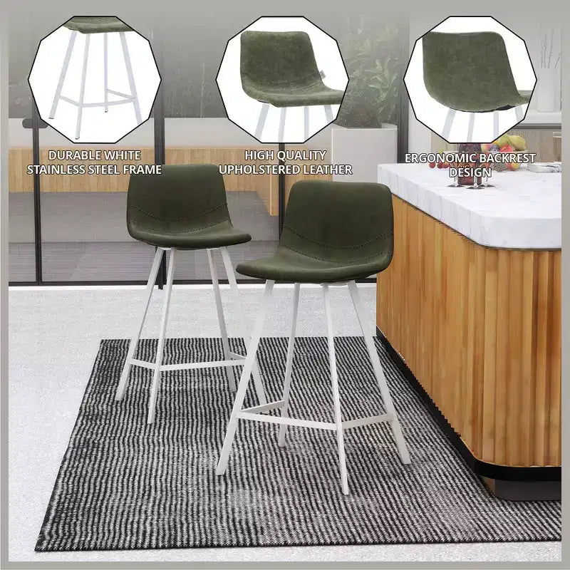 Sgabello da bar LeisureMod Elland 35 in pelle imbottita con base bianca in acciaio inossidabile - Sgabello moderno ad altezza bancone per cucina, bar e pub
