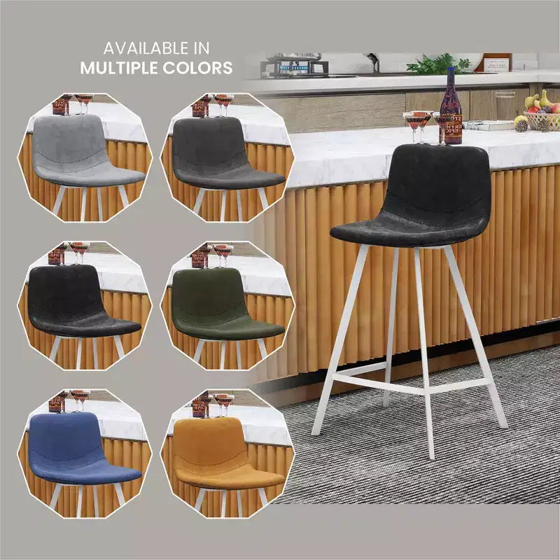 Sgabello da bar LeisureMod Elland 35 in pelle imbottita con base bianca in acciaio inossidabile - Sgabello moderno ad altezza bancone per cucina, bar e pub